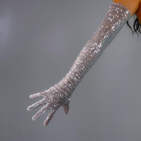 Long Sequins Mesh Silver Gloves - Picture 2 of 6